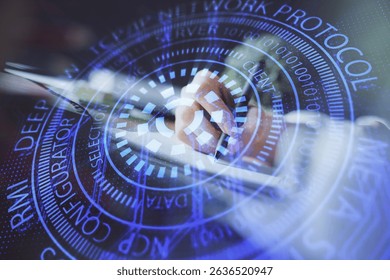 Double exposure of hands making notes background with technology and digital coding huds. Data learning concept.