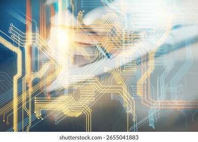 Double exposure of hands making notes with world map hologram and data theme icons. Concept of international network data.