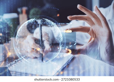 Double exposure of hands making notes with world map hologram and data theme icons. Concept of global computer data.