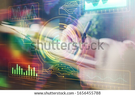 Double exposure of hands making notes background with technology and digital coding huds. Data learning concept.