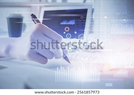 Double exposure of hands making notes with digital coding icons. Computer learning concept.