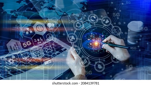 Double exposure of hands using tablet with data analysis and global business network connection interface icons, Business digital innovation technology concept.