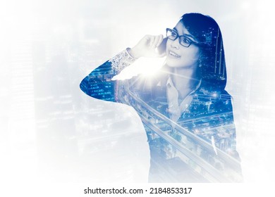 Double Exposure Of Happy Businesswoman Make A Call Phone While Standing With Nighttime Background