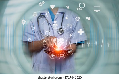 Double exposure of healthcare And medical technology concept. Doctor and modern virtual screen interface icons. - Shutterstock ID 1717841320