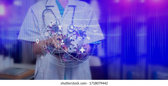 Double Exposure Of Healthcare And Medical Technology Concept. Doctor And Modern Virtual Screen Interface Icons.