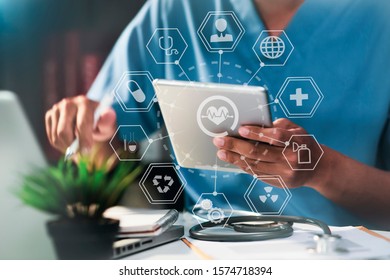 Double exposure of healthcare And Medicine concept. Doctor and modern virtual screen interface. - Powered by Shutterstock - Get 15% off with code: PIKWIZARD15