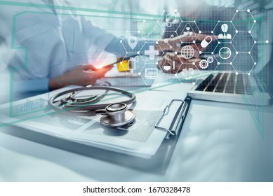 Double Exposure Of Healthcare And Medicine Concept. Doctor Using Modern Virtual Screen Interface.