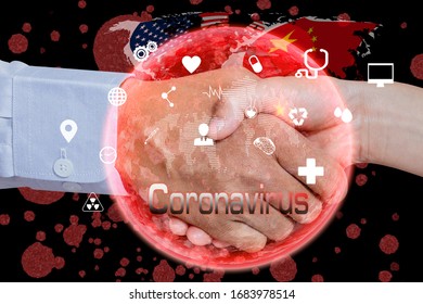 Double Exposure Of Healthcare And Medicine Concept. Doctor Shaking Hands With Medicine Icon On USA And China Flag Background, Coronavirus.