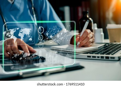 Double exposure of healthcare And Medicine concept. Doctor and modern virtual screen interface. Soft focus. - Shutterstock ID 1769511410