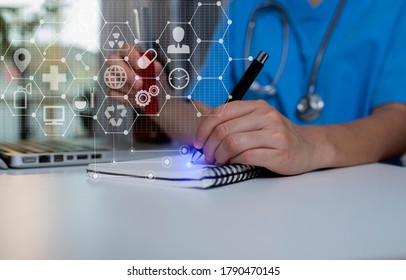 Double exposure of healthcare And Medicine concept. Doctor and modern virtual screen interface. - Shutterstock ID 1790470145