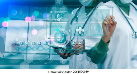 Double exposure of healthcare And Medicine concept. Doctor and modern virtual screen interface, blurred background. - Shutterstock ID 2061570989