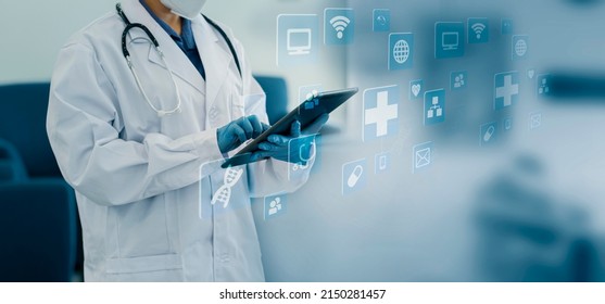 Double exposure of healthcare And Medicine concept. Doctor using modern virtual screen interface.