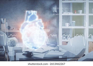 Double exposure of heart drawing and office interior background. Concept of medical education. - Powered by Shutterstock - Get 15% off with code: PIKWIZARD15