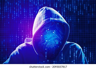 Double exposure of hooded hacker with digital circuit board face in the metaverse