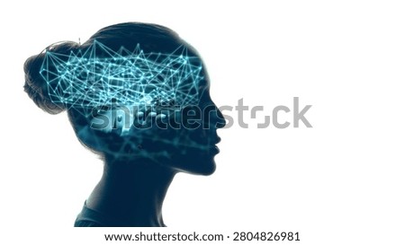 Double exposure of Human profile and digital glowing neon lines and abstract neural network inside his head. Artificial intelligence concept.