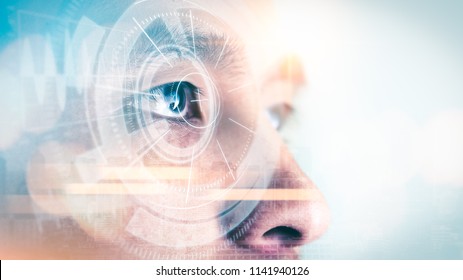 The double exposure image of the businessman looking up during sunrise overlay with cityscape image and futuristic hologram. The concept of modern life, technology, iris scanner and internet of things