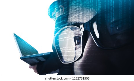 The double exposure image of the businessman using a laptop overlay with source code and programmer image and copy space. The concept of programming, cyber security, business and internet of things.