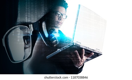 The Double Exposure Image Of The Businessman Using A Laptop Overlay With Source Code And Programmer Image And Copy Space. The Concept Of Programming, Cyber Security, Business And Internet Of Things.