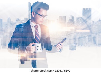 The double exposure image of the businessman using a smartphone during sunrise overlay with cityscape image. The concept of modern life, business, city life and internet of things. - Powered by Shutterstock