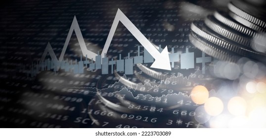 Double exposure image of coin stacks on technology financial graph background.Economy trends background for business ,financial meltdown ,Cryptocurrency digital economy.
