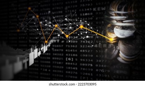 Double exposure image of coin stacks on technology financial graph background.Economy trends background for business ,financial meltdown ,Cryptocurrency digital economy.