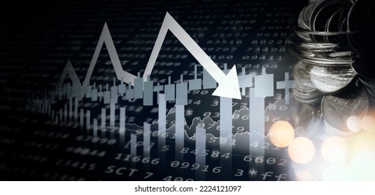 Double exposure image of coin stacks on technology financial graph background.Economy trends background for business ,financial meltdown ,Cryptocurrency digital economy.