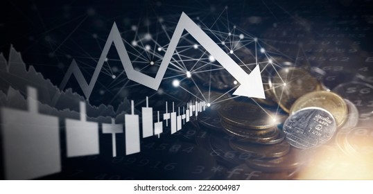 Double exposure image of coin stacks on technology financial graph background.Economy trends background for business ,financial meltdown ,Cryptocurrency digital economy.