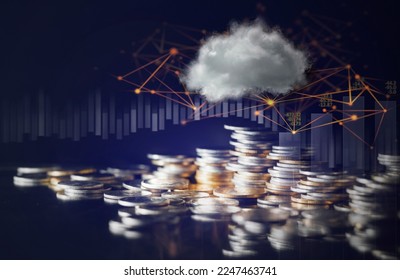 Double exposure image of coin stacks on technology financial graph background.Economy trends background for business ,financial meltdown ,Cryptocurrency digital economy.