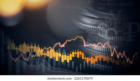 Double exposure image of coin stacks on technology financial graph background.Economy trends background for business ,financial meltdown ,Cryptocurrency digital economy.