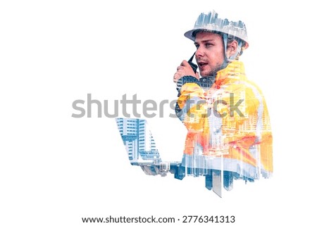 The double exposure image of the engineer standing back during sunrise overlay with cityscape image and futuristic hologram. The concept of engineering, construction, city life and future.