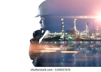 The Double Exposure Image Of The Engineer Thinking Overlay With Oil Refinery Image.The Concept Of Energy, Engineering, Construction And Industrial.