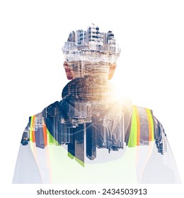 The double exposure image of the engineer thinking overlays with cityscape image with copy space. The concept of engineering, construction, futuristic and industry.