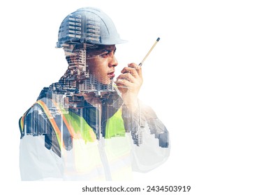 The double exposure image of the engineer thinking overlays with cityscape image with copy space. The concept of engineering, construction, futuristic and industry. - Powered by Shutterstock