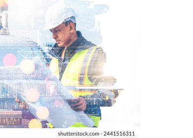 The double exposure image of the engineer thinking overlays with cityscape image with copy space. The concept of engineering, construction, futuristic and industry.