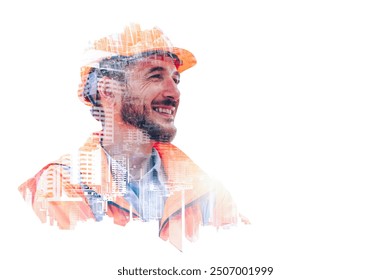 The double exposure image of the engineer thinking overlays with cityscape image with copy space. The concept of engineering, construction, futuristic and industry.	