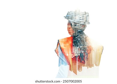 The double exposure image of the engineer thinking overlays with cityscape image with copy space. The concept of engineering, construction, futuristic and industry.	
