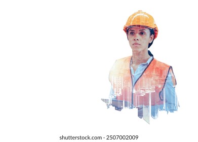 The double exposure image of the engineer thinking overlays with cityscape image with copy space. The concept of engineering, construction, futuristic and industry.	
