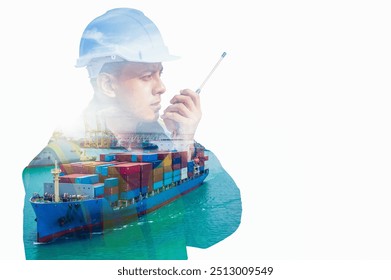 The double exposure image of the engineer thinking overlays with cityscape image with copy space. The concept of engineering, construction, futuristic and industry.
