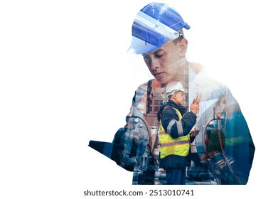 The double exposure image of the engineer thinking overlays with cityscape image with copy space. The concept of engineering, construction, futuristic and industry.