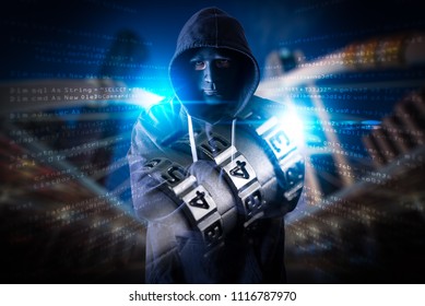 The double exposure image of the hacker standing overlay with padlock and source code image. the concept of cyber attack, virus, malware, and cyber security.