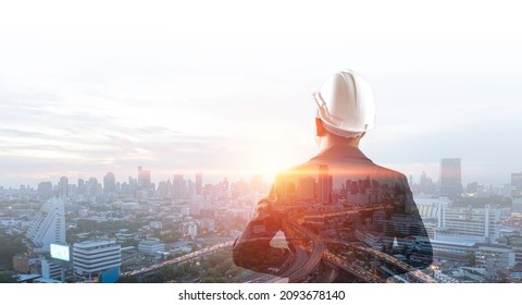 Double exposure image, Man engineer overlay with building architecture urban cityscape. Creation city and communication concept. - Powered by Shutterstock