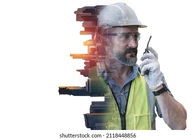 Double Exposure Image Of Man Engineer Overlay With Building Architecture Cityscape. Creation City Concept.
