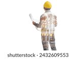Double exposure image of professional engineer in protective helmet and blueprints paper at building construction site