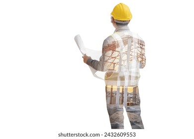 Double exposure image of professional engineer in protective helmet and blueprints paper at building construction site - Powered by Shutterstock