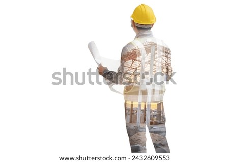 Double exposure image of professional engineer in protective helmet and blueprints paper at building construction site
