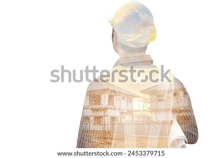 Double exposure image of professional engineer in protective helmet and blueprints paper at building construction site