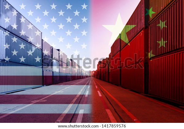 Double
exposure image of United States of America and China trade war
tariffs as two opposing container cargo in port as an economic
taxation dispute over import and exports concept
