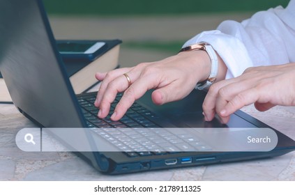 Double Exposure Images Of Adult Woman Hands Using Laptop Computer To Searching Information On Web Browser With Search Bar Virtual Screen Interface