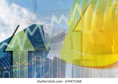 Double Exposure Industrial Safety Helmet On Rising Economy Graph Background. GDP And Investment Concept