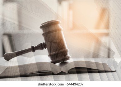 Double Exposure Of Judge Gavel, Law Books And Courthouse Background. Concept Of Law, Legal.